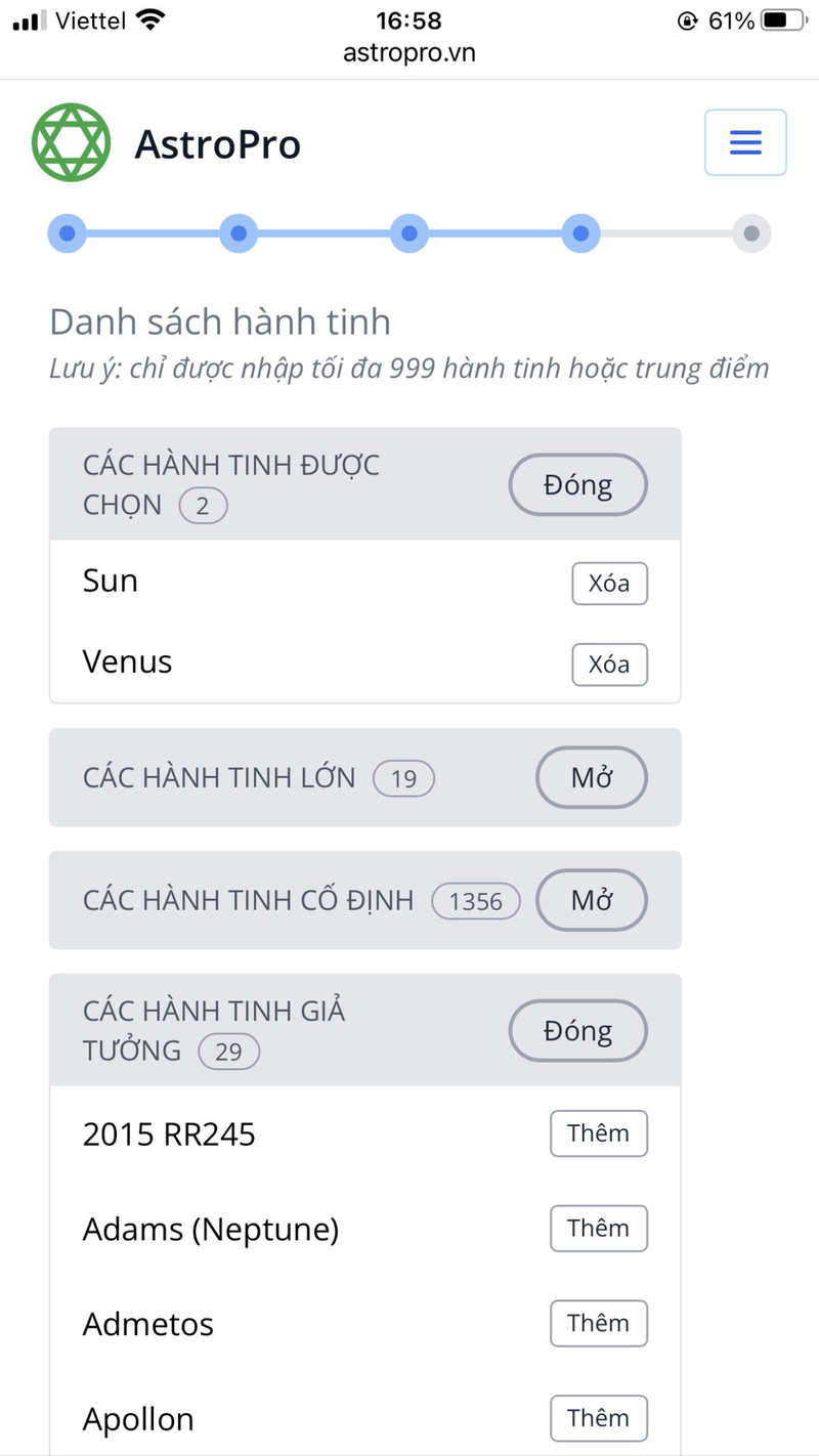 Mở danh sách thiên thể